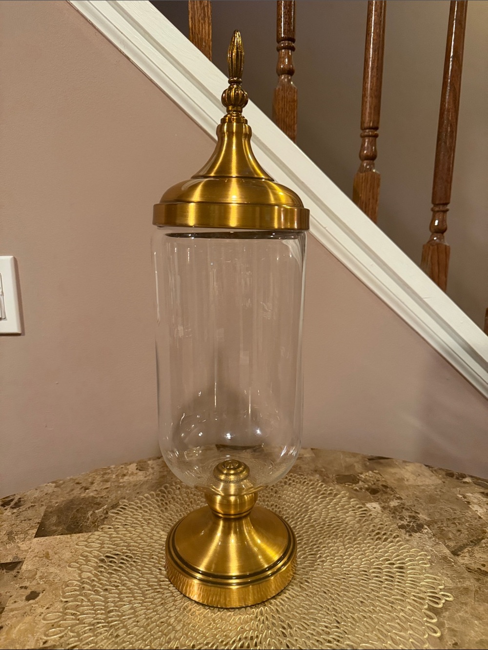 Decorative Glass Apothecary Jar with Gold-Finish Metal Top and Base